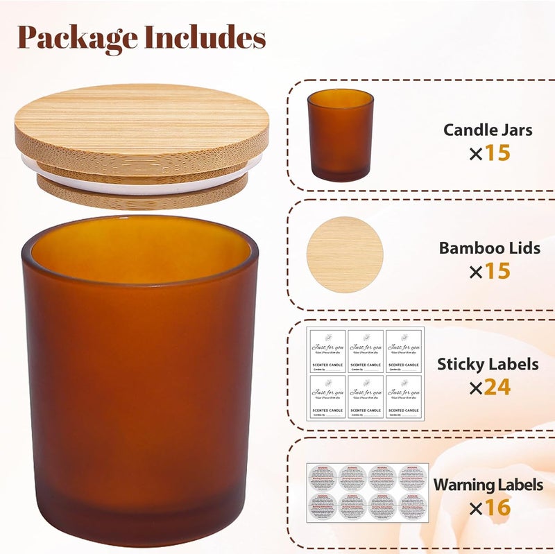 CONNOO 15-Pack 7oz Fall Amber Candle Jars with Bamboo Lids & Sticky Labels – Thick Glass Candle Jars for DIY Making, Dishwasher Safe, Bulk Set - Image 3